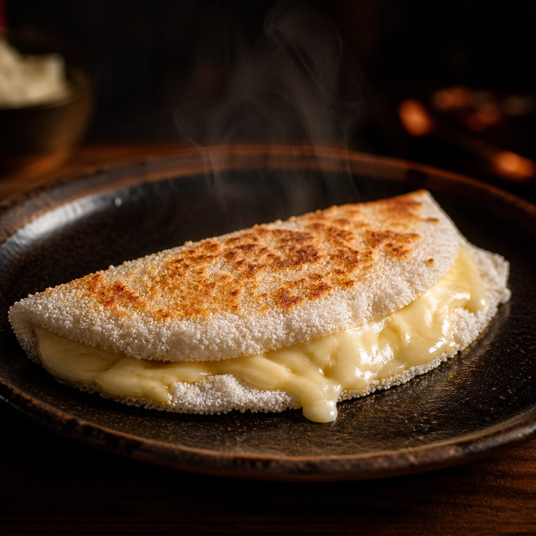 Brazilian tapioca crepe with melted cheese on dark rustic plate