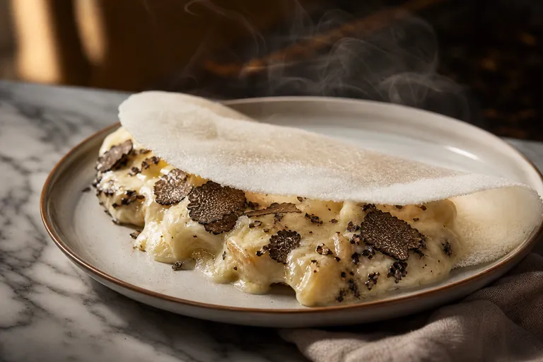 Brazilian tapioca flatbread folded around melted triple-cream brie and shaved black truffle